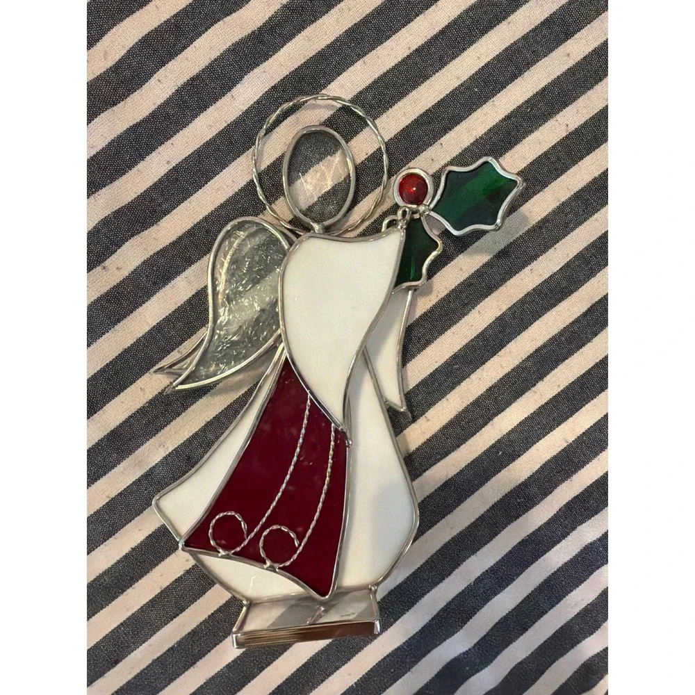 Vintage Stained Glass Angel Suncatcher Christmas Ornament Holly Berry 8.5 Inch